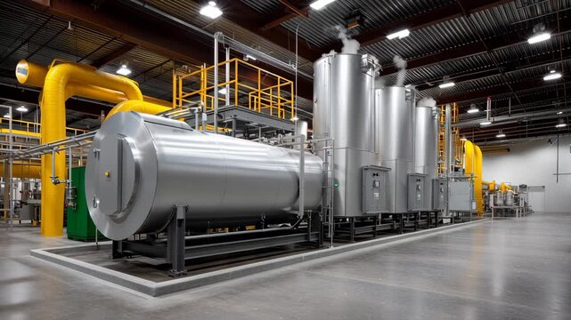 Industrial boiler room large metal tanks yellow pipes steam factory machinery modern plant clean spacious environment bright