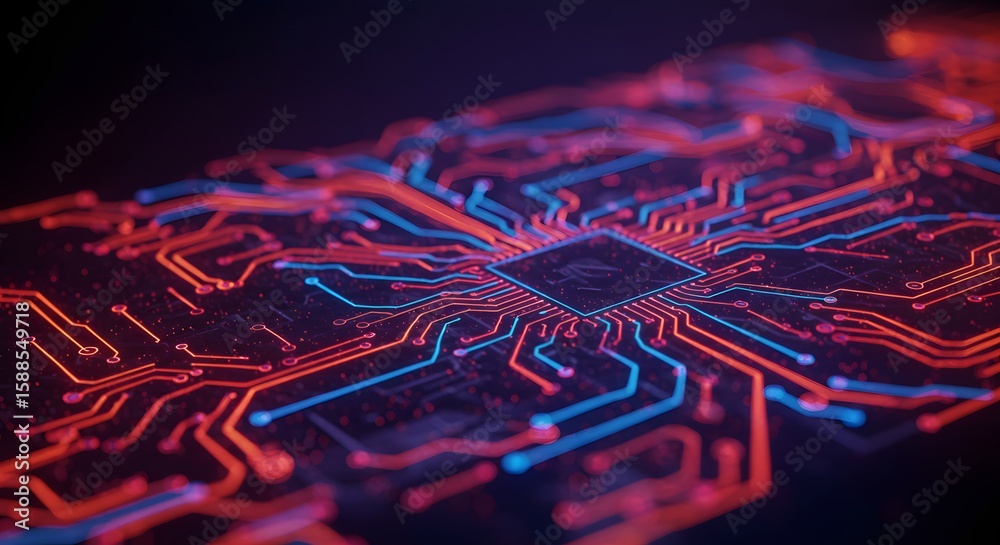 Poster macro shot of a computer chip with intricate red and blue circuitry patterns emanating from a centra
