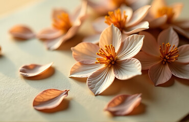 delicate beige brown flower petal arrangement textured paper background captured warm golden light shallow depth field