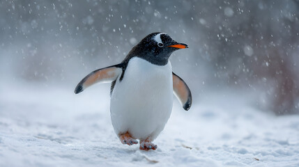 Obraz premium Penguin waddling in the snow, cute and comical, snowy atmosphere 