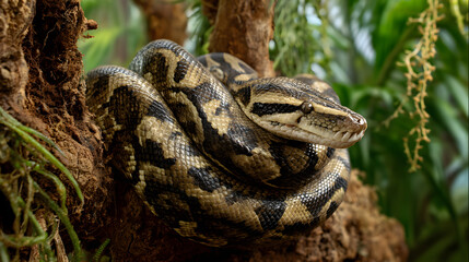 Python coiled on a tree, intricate scales, jungle setting  