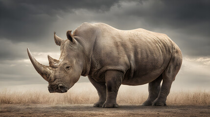 Obraz premium Rhino standing against a cloudy sky, side profile, detailed skin texture