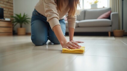 Young woman in casual clothing kneeling on floor wiping and polishing surface with cloth in cozy living room, focused on housework cleaning action and home maintenance routine