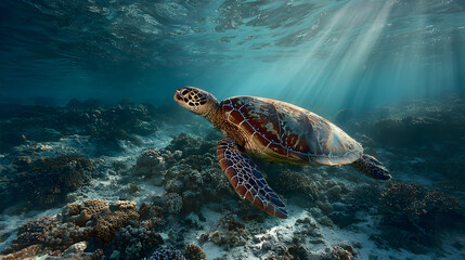 Fototapeta premium Sea Turtle gliding through coral reefs, soft sunlight filtering down