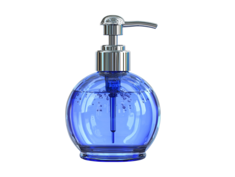 A close-up studio shot captures the elegant design of a spherical, transparent glass soap dispenser filled with blue liquid. Its stainless-steel pump mechanism gleams.