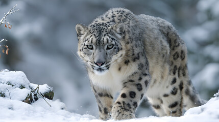 Fototapeta premium Snow Leopard walking in the snow, vibrant spots, cold winter setting 