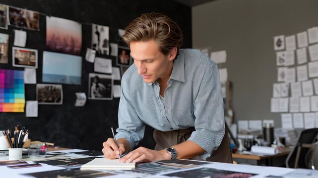 Creative designer sketching color samples in modern studio with focused man working on creative project and colorful swatches