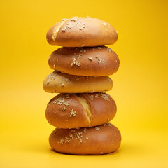 Stacked round rusks forming a tower on yellow background.