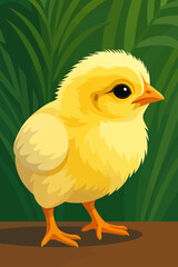 A cute yellow chick standing on the ground with green grass or foliage in the background. The chick has fluffy feathers, bright black eyes, and orange legs and beak. The illustration style is clean an