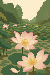 This is a stylized digital illustration of a serene lotus pond surrounded by lush greenery. In the foreground, two large pink lotus flowers bloom gracefully above broad green leaves, with one fallen p