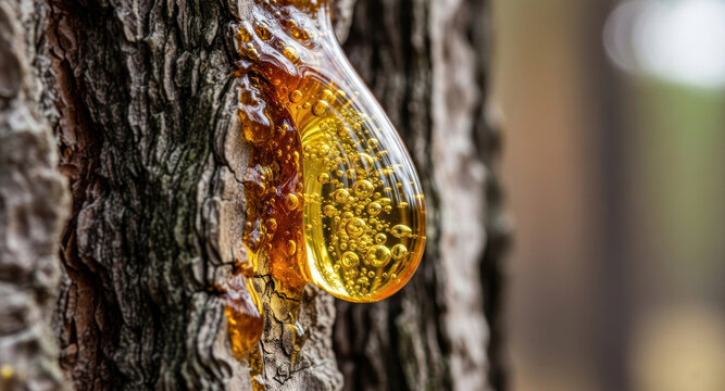 Close-up of golden tree sap oozing from textured bark with bubbles, natural outdoor setting, detailed macro shot emphasizing texture, warm tones