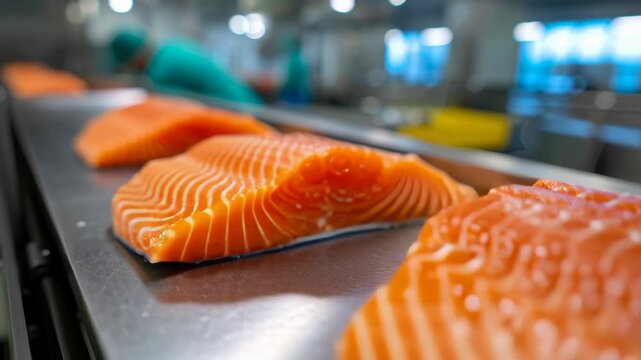 Fresh raw salmon fillet fish with vibrant orange color and visible texture on metal surface in seafood processing plant