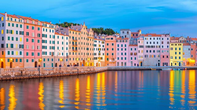 Rovinj Waterfront at Dusk: Colorful buildings of Rovinj, Croatia, reflecting in the tranquil waters at dusk, creating a vibrant coastal scene.