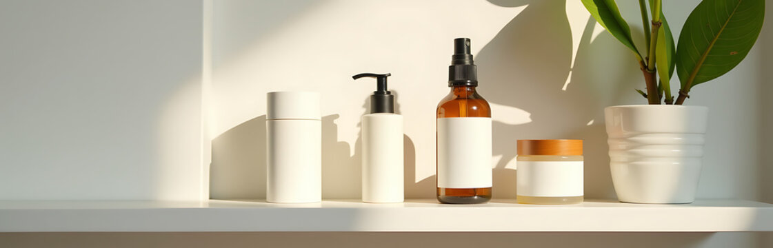 shot facial care products crisp white bathroom shelf bathed warm morning sunlight soft shadows