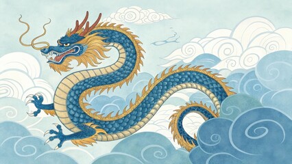 Fototapeta premium Majestic Japanese Blue Dragon Coiling Through Stylized Clouds
