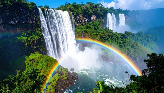Double Rainbow Over Lush Waterfall Landscape