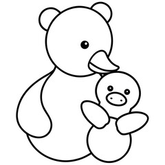 Obraz premium Adorable duckling embracing tiny teddy toy Line Art Vector illustration
