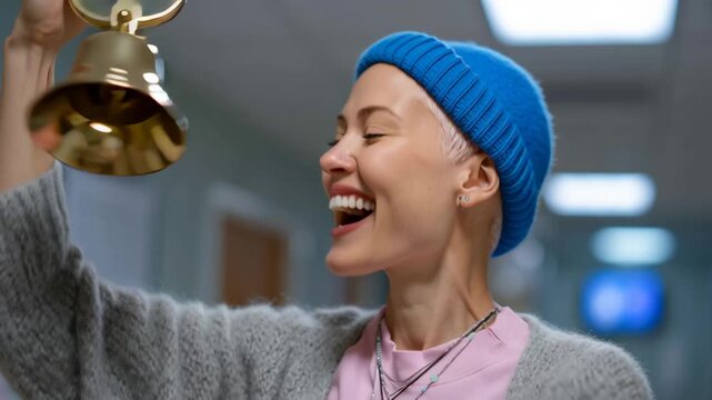 Young woman ringing bell to Celebrate Milestone Achievement with joyful smile in hospital hallway wearing blue beanie, gray sweater, and necklace indoors