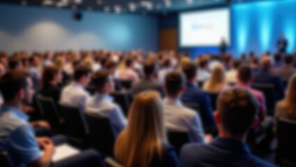 Blurred conference with diverse participants, showcasing dynamic interaction in a professional, natural light setting with vibrant colors and shallow depth of field.