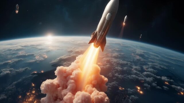 A missile with a nuclear warhead flies above the Earth, invincible force and danger