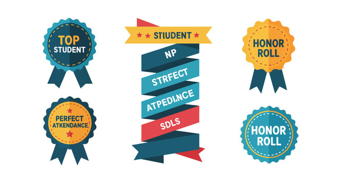 Colorful achievement badges and ribbons celebrate academic success, including top student and perfect attendance awards.