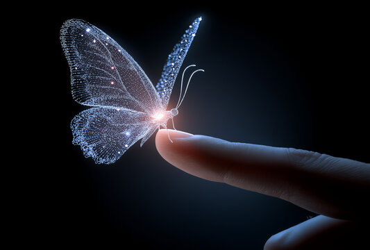  A digital butterfly resting on the tip of finger
