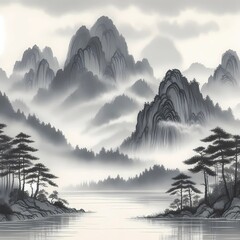 A traditional ink wash painting of misty mountains rising above a tranquil lake.
