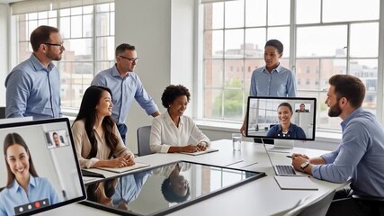 Diverse Team Collaboration: Hybrid Meeting with Remote Participants on Screen Displays - Powered by Adobe