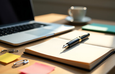 perspective minimalist desk setup bathed soft morning light featuring sleek laptop fountain pen notebook amidst