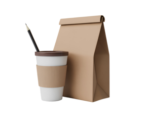 White coffee cup with brown lid and sleeve next to brown paper bag with pencil isolated on a transparent background