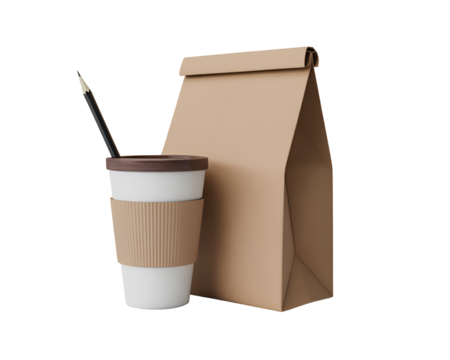White coffee cup with brown lid and sleeve next to brown paper bag with pencil isolated on a transparent background