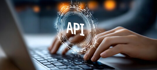 Futuristic coding interface with hands on keyboard, highlighting innovative API technology