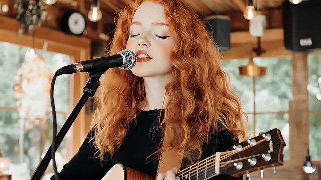 Harmony on Stage: A captivating young woman, her fiery red hair cascading, pours her heart into a performance, fingers dancing over guitar strings, and voice embracing the microphone.