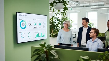 Diverse Team Discusses Sustainability Metrics in Modern Office - Powered by Adobe