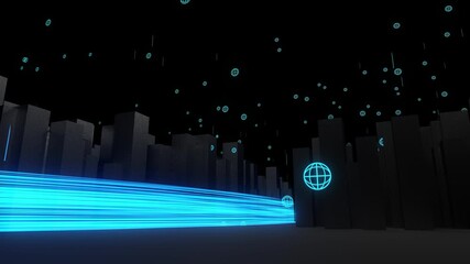 3D animation of futuristic city with glowing blue data stream and floating HUD digital elements. Concept of smart city, high-speed internet - Powered by Adobe