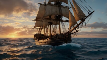 Fototapeta premium Vintage Ship Sailing Across a Timeless Sunset Ocean