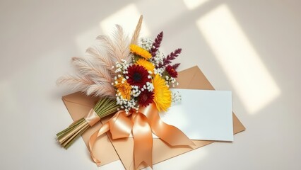 Dried flower bouquet  paper envelopes and a blank white card