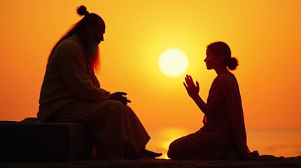 Silhouette of Guru and female disciple at sunrise, symbolizing traditional Indian Guru Purnima celebration, Guru Purnima Celebration