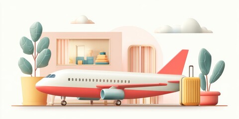 Colorful conceptual travel illustration – airplane vacation, summer holidays and adventure getaway theme