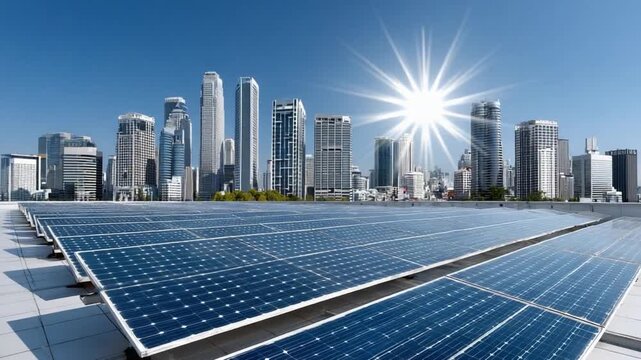 Solar Energy Cityscape: A vibrant cityscape benefits from sustainable solar energy, with panels in the foreground absorbing sunlight.