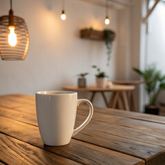 Obraz premium White Ceramic Mug on Wooden Table in Cozy Morning Light – Minimalist Mockup for Logo Placement