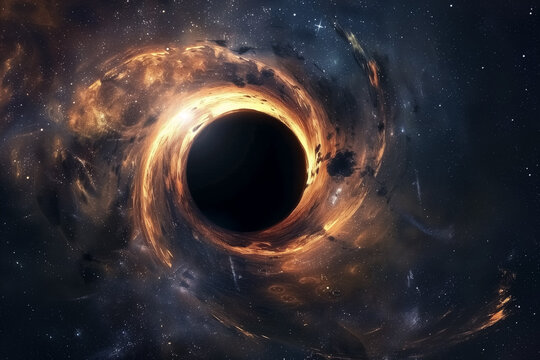 Cosmic scene with a black hole surrounded by swirling nebulae and stars. Generative AI.