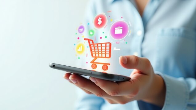 Close-up of hand holding smartphone with holographic ecommerce icons, vibrant colors, white background, futuristic 3D render, no branding.