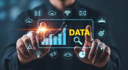 Man touching digital screen displaying data analytics and business growth icons.