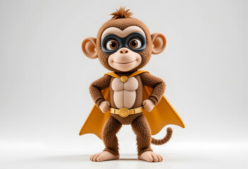 Full-body 3D cartoon illustration of an adorable monkey doll posing like a superhero, with realistic soft texture.