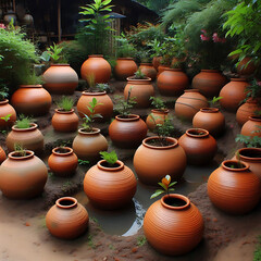 Clay Plant Water Reservoir**: Buried pots used to gradually irrigate garden plants.
