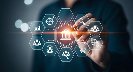 Businessman interacting with a digital network of financial and business icons.