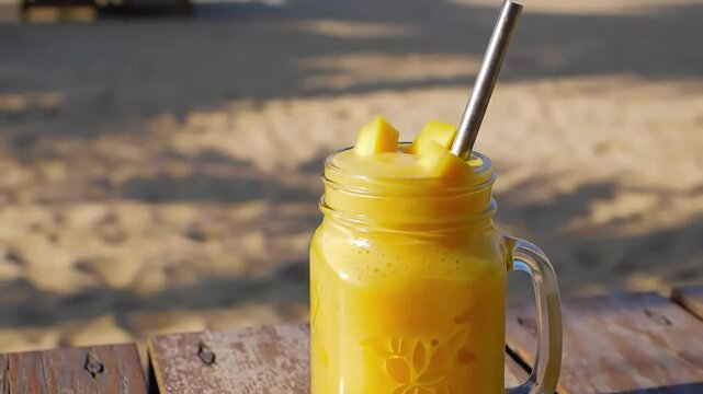 Tropical Mango Delight: A refreshing, vibrant mango smoothie sits enticingly in a mason jar, complete with a metal straw, resting on a rustic wooden table with the inviting backdrop of a sandy beach.