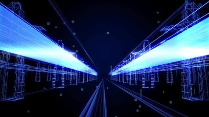 Futuristic digital energy grid infrastructure animation featuring glowing blue wireframe power towers, dynamic energy beams, and flowing data particles. - Powered by Adobe