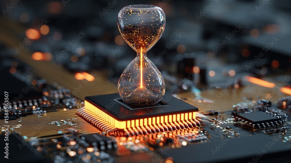 Poster digital time hourglass concept glowing with particle effect sitting on a computer microprocessor uni
